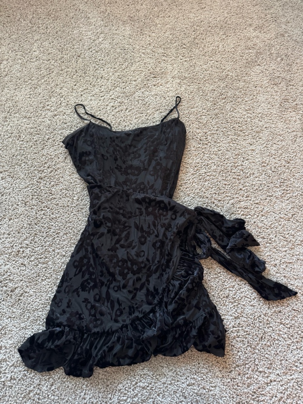 Free People Black Floral Velvet Wrap Mini Dress with Ruffle Hem